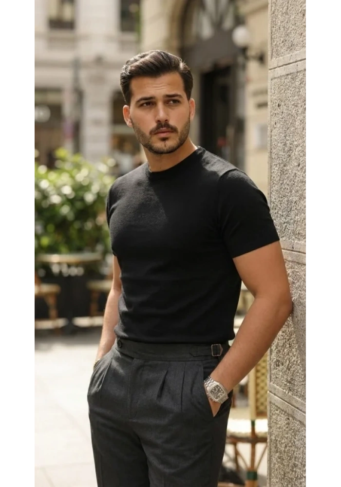 Erkek Basic Bisiklet Yaka Kısa Kollu Triko Tişört - %100 Pamuk Akrilik