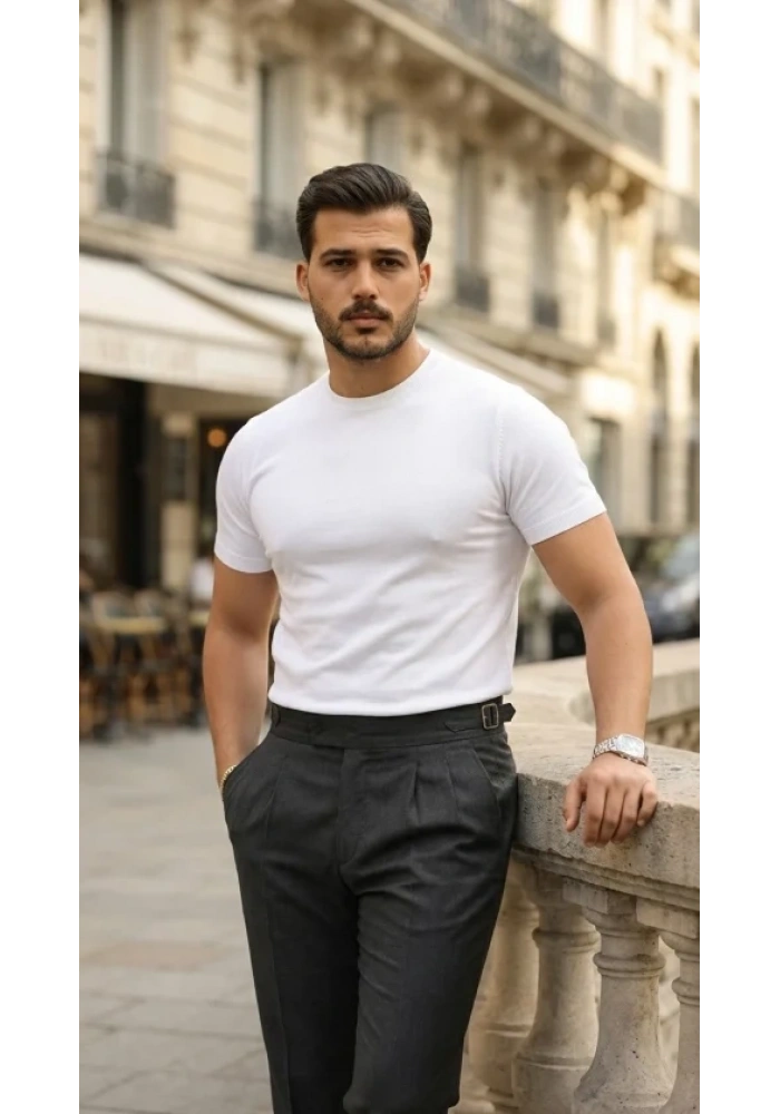 Erkek Basic Bisiklet Yaka Kısa Kollu Triko Tişört - %100 Pamuk Akrilik