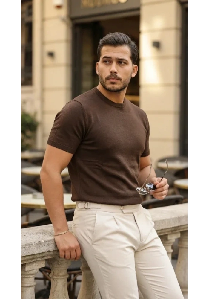 Erkek Basic Bisiklet Yaka Kısa Kollu Triko Tişört - %100 Pamuk Akrilik