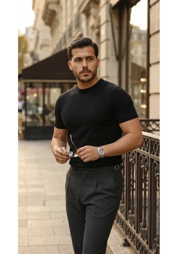 Erkek Basic Bisiklet Yaka Kısa Kollu Triko Tişört - %100 Pamuk Akrilik