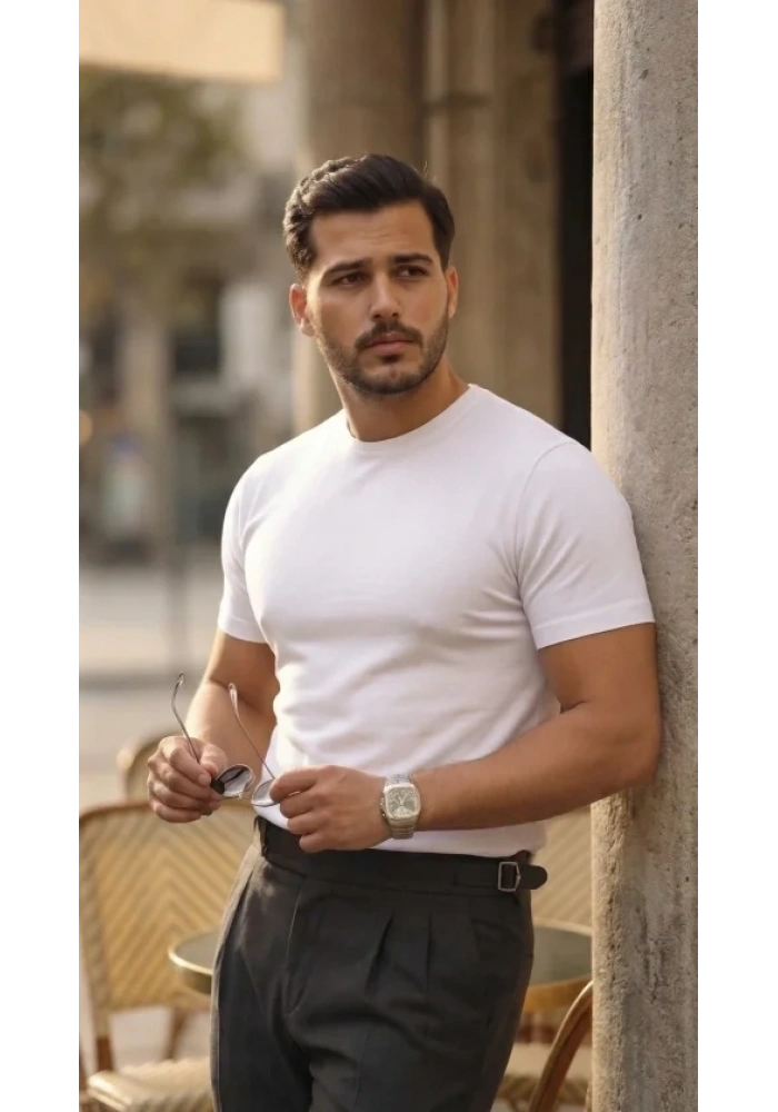 Erkek Basic Bisiklet Yaka Kısa Kollu Triko Tişört - %100 Pamuk Akrilik