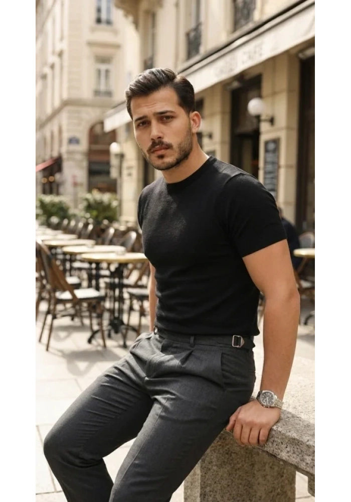 Erkek Basic Bisiklet Yaka Kısa Kollu Triko Tişört - %100 Pamuk Akrilik