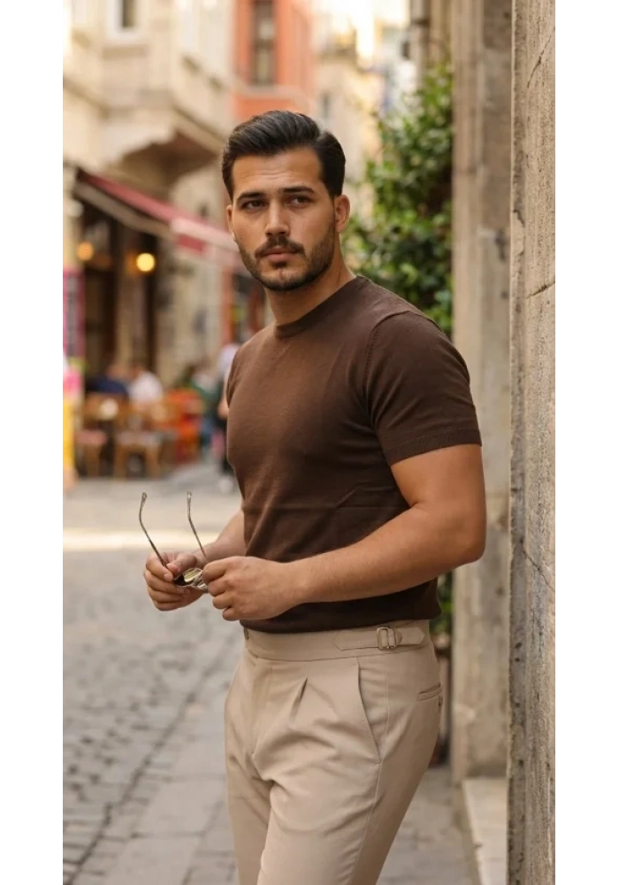 Erkek Basic Bisiklet Yaka Kısa Kollu Triko Tişört - %100 Pamuk Akrilik