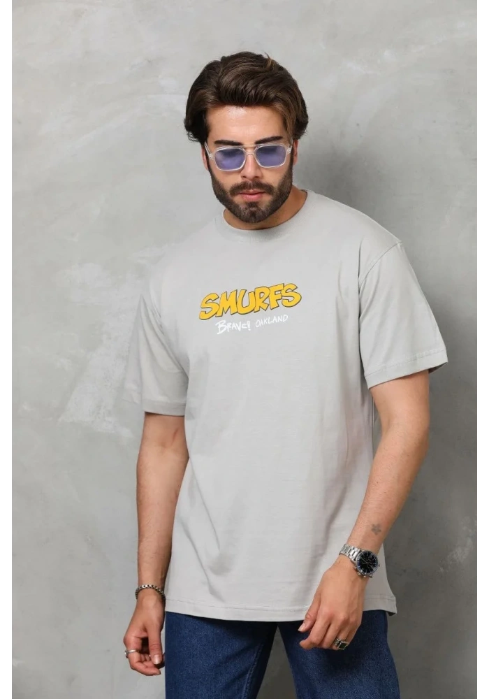 Erkek Kısa Kol Yazlık Tişört Bisiklet Yaka Baskılı Oversize T-Shirt - Gri
