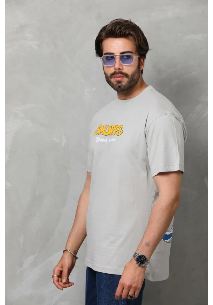 Erkek Kısa Kol Yazlık Tişört Bisiklet Yaka Baskılı Oversize T-Shirt - Gri