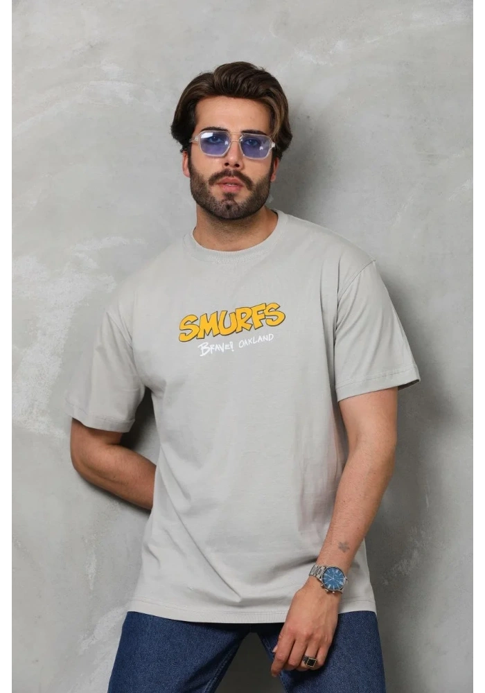 Erkek Kısa Kol Yazlık Tişört Bisiklet Yaka Baskılı Oversize T-Shirt - Gri