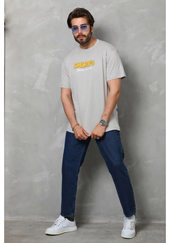 Erkek Kısa Kol Yazlık Tişört Bisiklet Yaka Baskılı Oversize T-Shirt - Gri