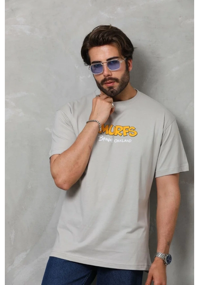 Erkek Kısa Kol Yazlık Tişört Bisiklet Yaka Baskılı Oversize T-Shirt - Gri