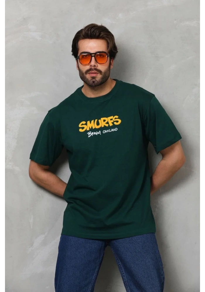 Erkek Kısa Kol Yazlık Tişört Bisiklet Yaka Baskılı Oversize T-Shirt - Yeşil