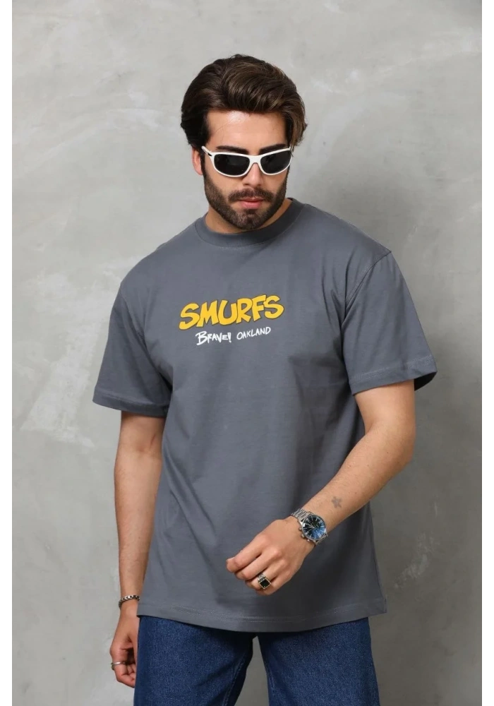 Erkek Kısa Kol Yazlık Tişört Bisiklet Yaka Baskılı Oversize T-Shirt - Füme