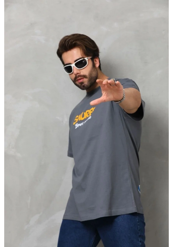 Erkek Kısa Kol Yazlık Tişört Bisiklet Yaka Baskılı Oversize T-Shirt - Füme