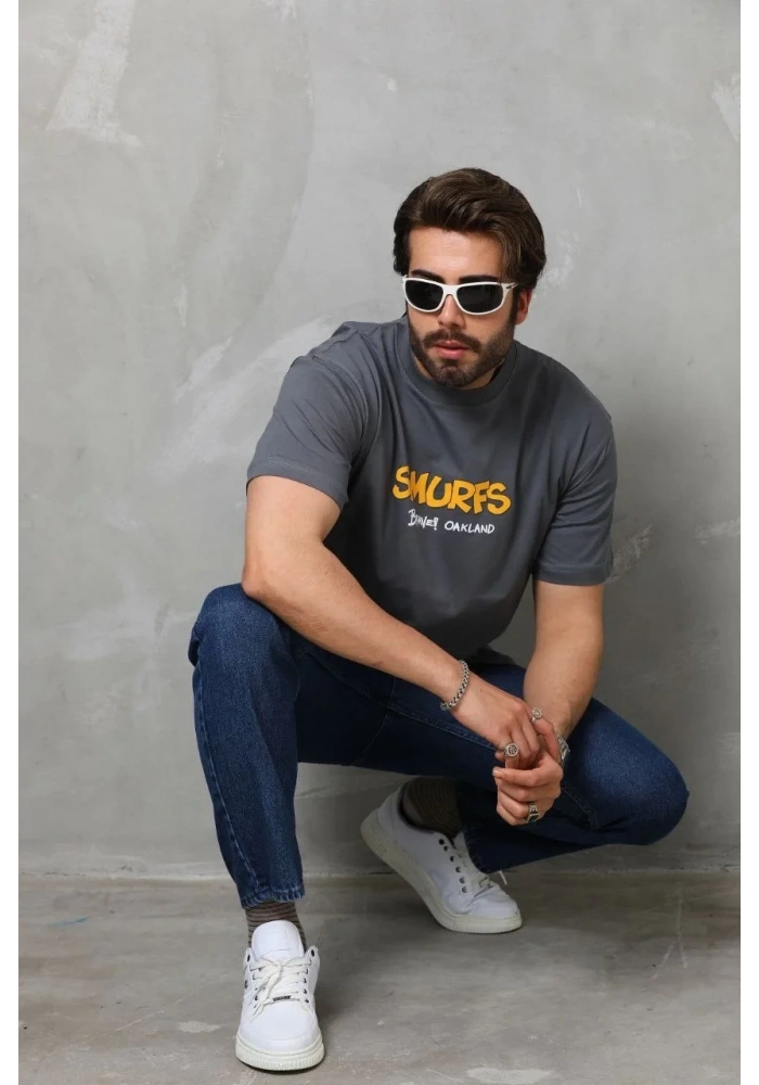 Erkek Kısa Kol Yazlık Tişört Bisiklet Yaka Baskılı Oversize T-Shirt - Füme