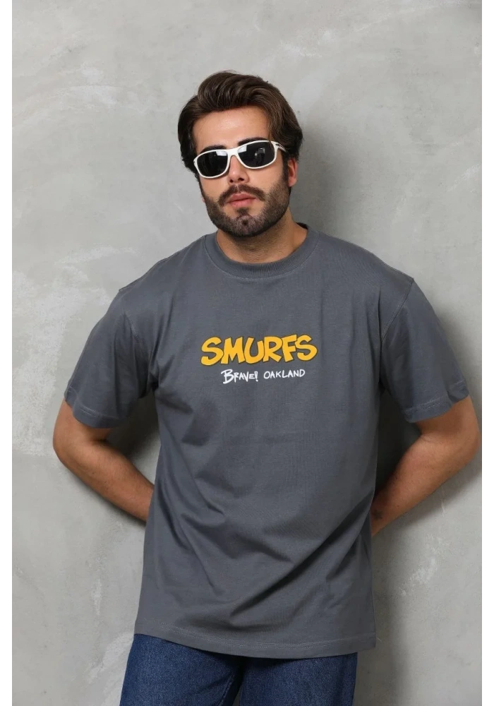 Erkek Kısa Kol Yazlık Tişört Bisiklet Yaka Baskılı Oversize T-Shirt - Füme