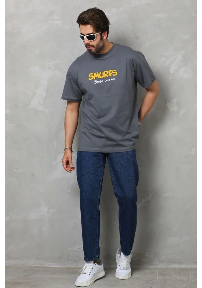 Erkek Kısa Kol Yazlık Tişört Bisiklet Yaka Baskılı Oversize T-Shirt - Füme