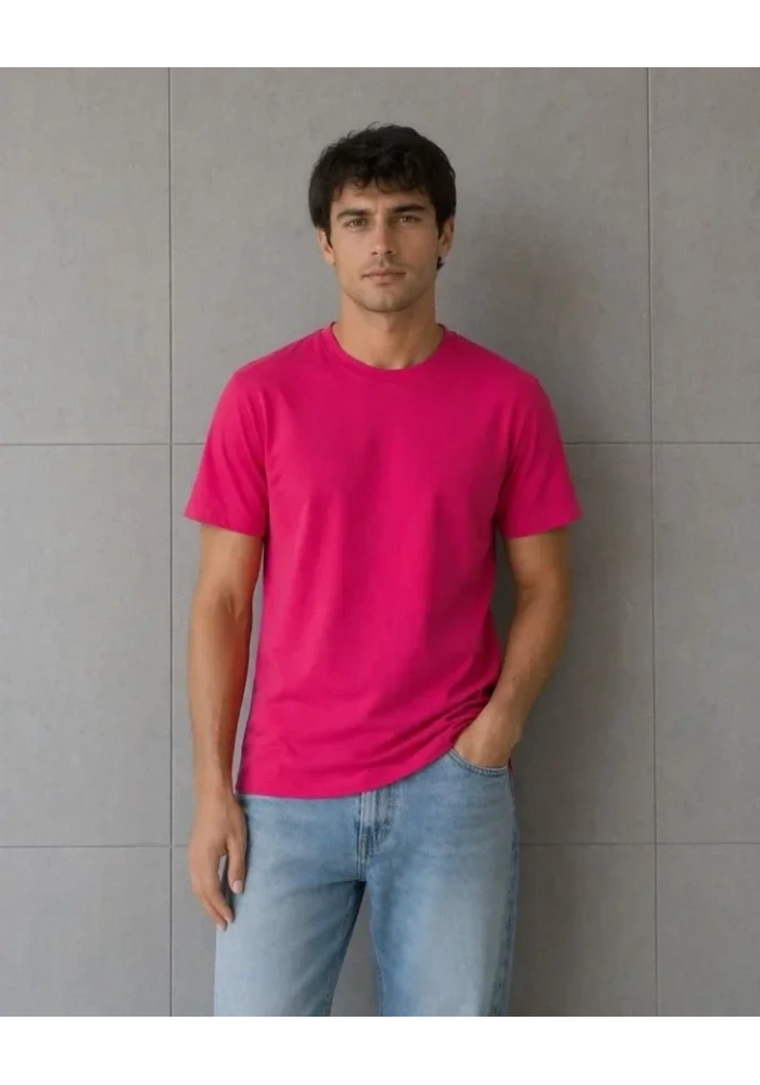 Erkek Basic Pamuklu Tişört Bisiklet Yaka Düz Renk Regular Fit T-Shirt - Fuşya