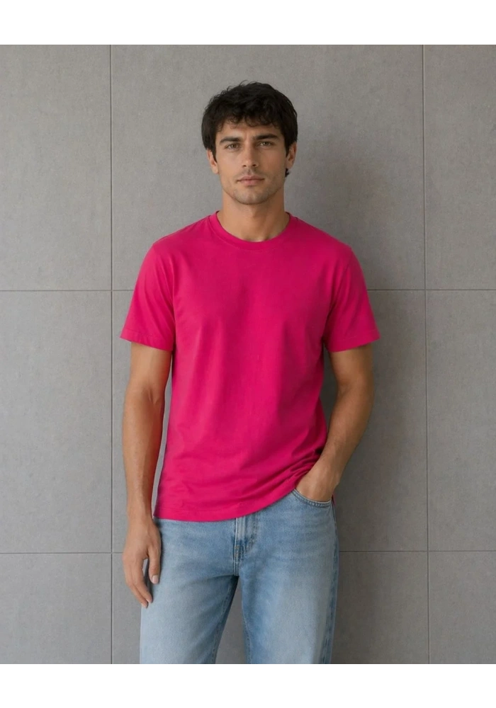 Erkek Basic Pamuklu Tişört Bisiklet Yaka Düz Renk Regular Fit T-Shirt - Fuşya