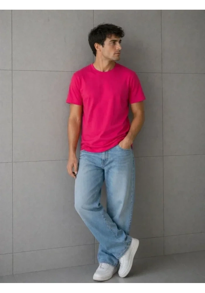 Erkek Basic Pamuklu Tişört Bisiklet Yaka Düz Renk Regular Fit T-Shirt - Fuşya