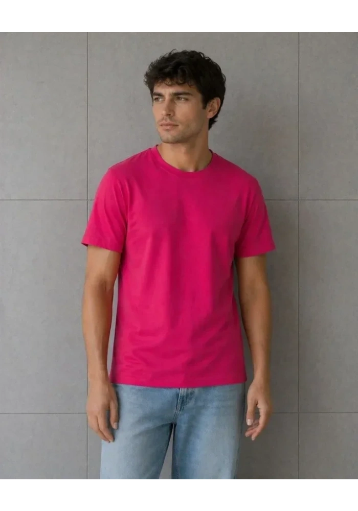 Erkek Basic Pamuklu Tişört Bisiklet Yaka Düz Renk Regular Fit T-Shirt - Fuşya