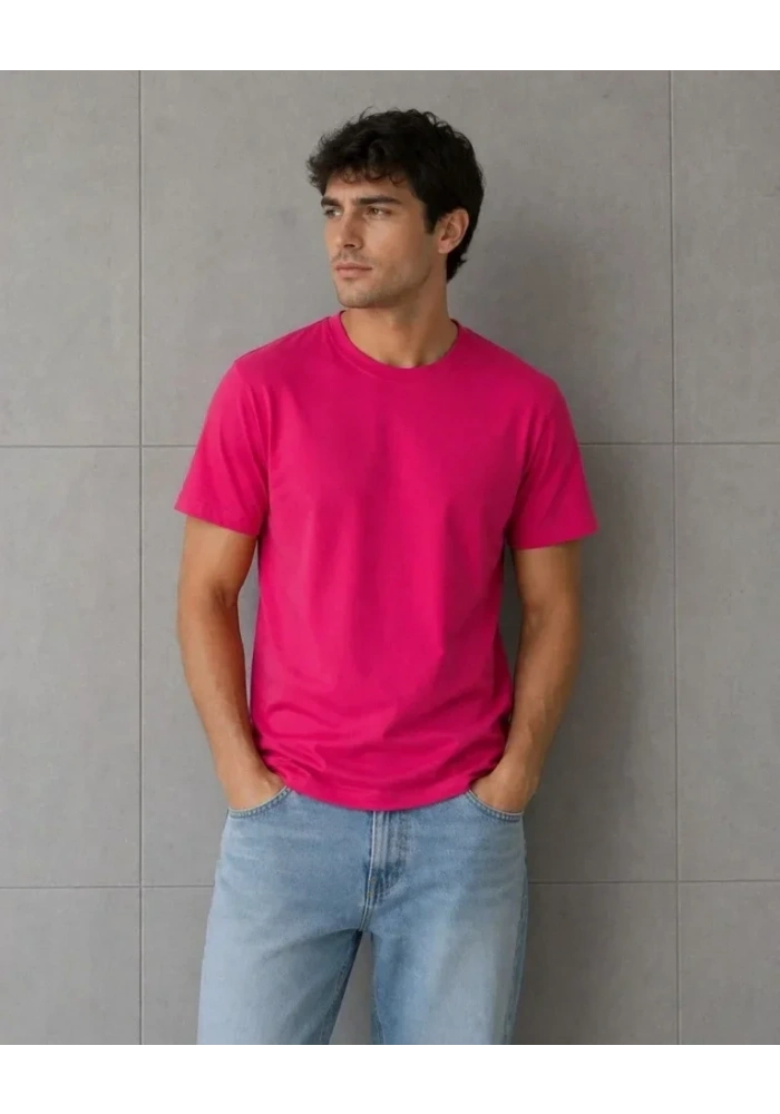 Erkek Basic Pamuklu Tişört Bisiklet Yaka Düz Renk Regular Fit T-Shirt - Fuşya