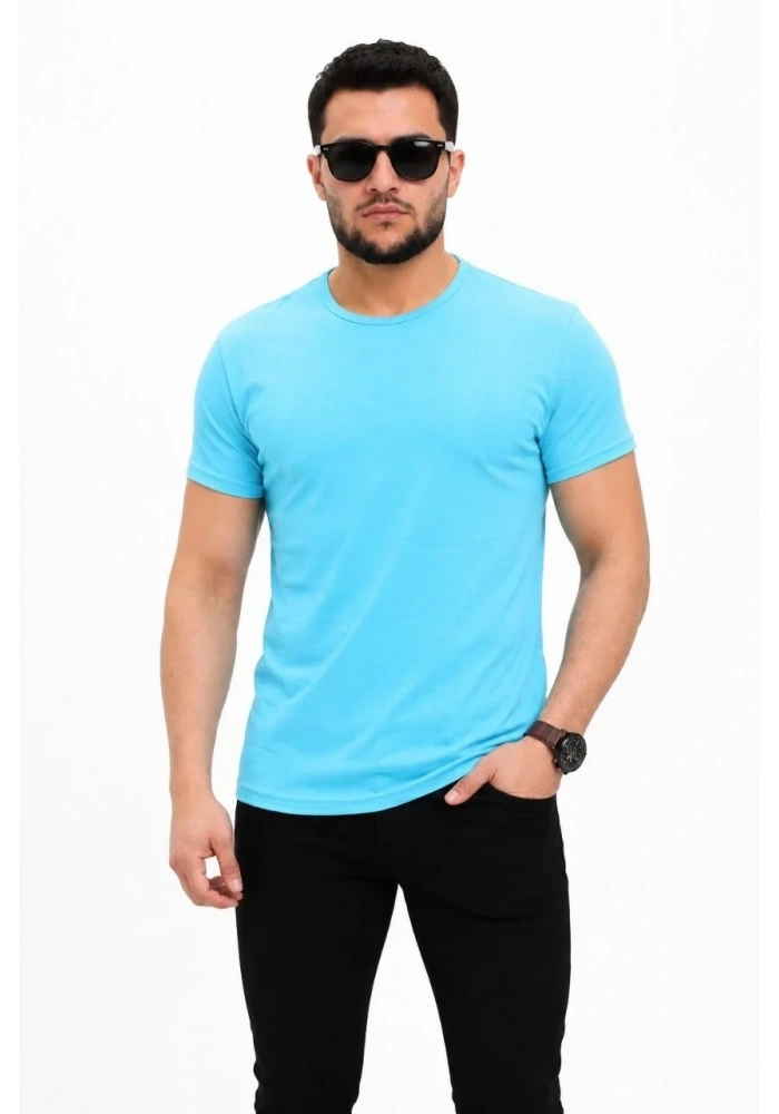 Erkek Basic Tişört Bisiklet Yaka Kısa Kol Günlük Yazlık Slim fit T-Shirt - Açık Mavi