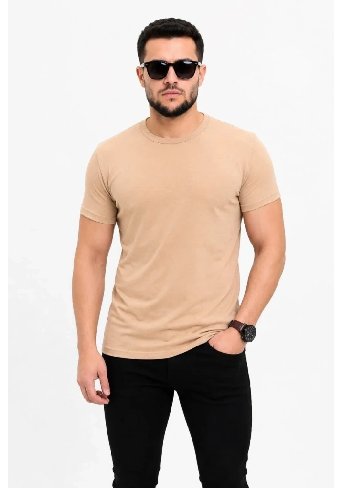 Erkek Basic Tişört Bisiklet Yaka Kısa Kol Günlük Yazlık Slim fit T-Shirt - Bej