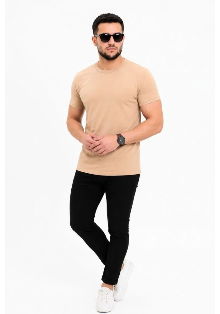 Erkek Basic Tişört Bisiklet Yaka Kısa Kol Günlük Yazlık Slim fit T-Shirt - Bej
