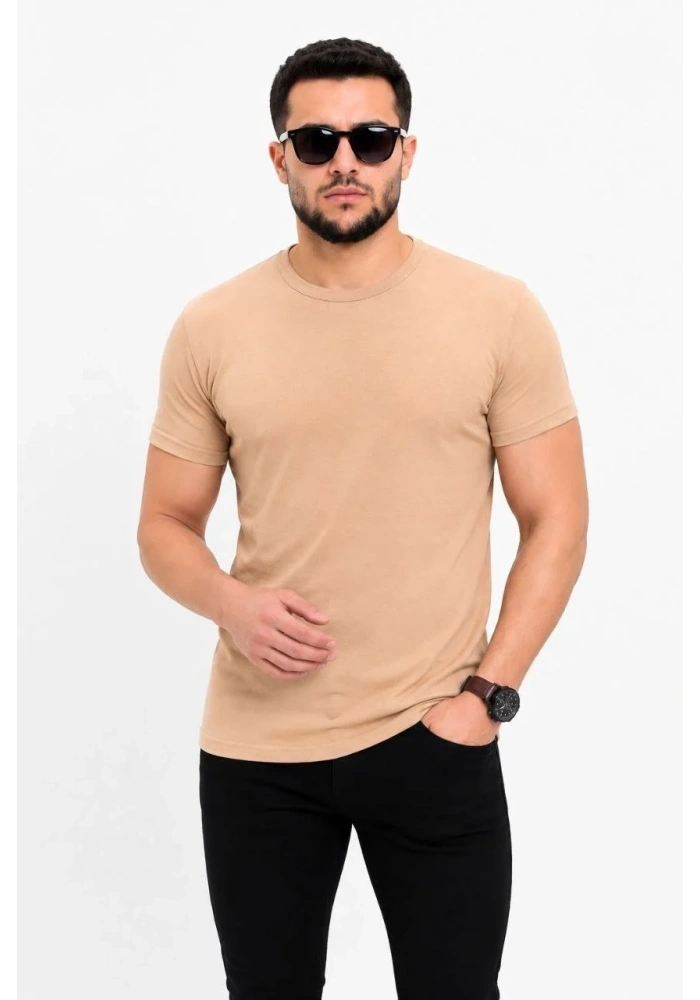 Erkek Basic Tişört Bisiklet Yaka Kısa Kol Günlük Yazlık Slim fit T-Shirt - Bej