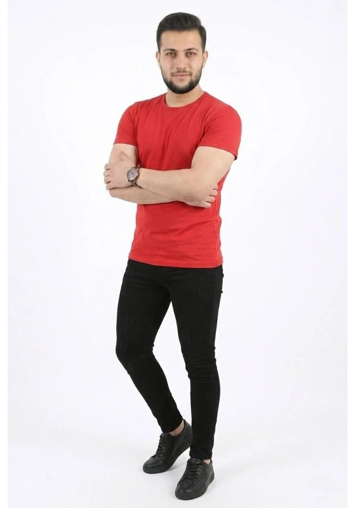 Erkek Basic Tişört Bisiklet Yaka Kısa Kol Günlük Yazlık Slim fit T-Shirt - Kırmızı