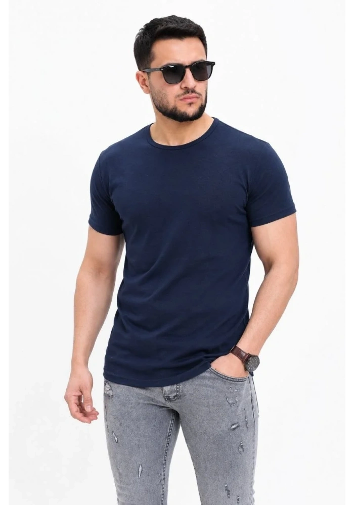 Erkek Basic Tişört Bisiklet Yaka Kısa Kol Günlük Yazlık Slim fit T-Shirt - Lacivert