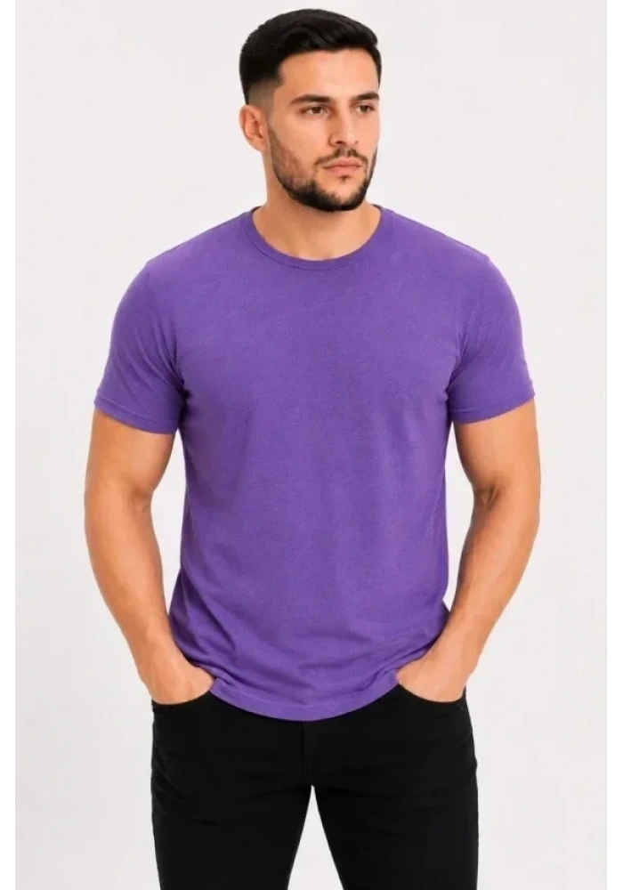 Erkek Basic Tişört Bisiklet Yaka Kısa Kol Günlük Yazlık Slim Fit T-Shirt - Mor