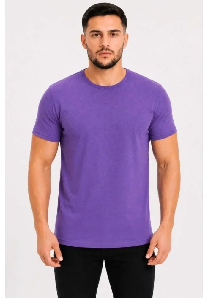 Erkek Basic Tişört Bisiklet Yaka Kısa Kol Günlük Yazlık Slim Fit T-Shirt - Mor
