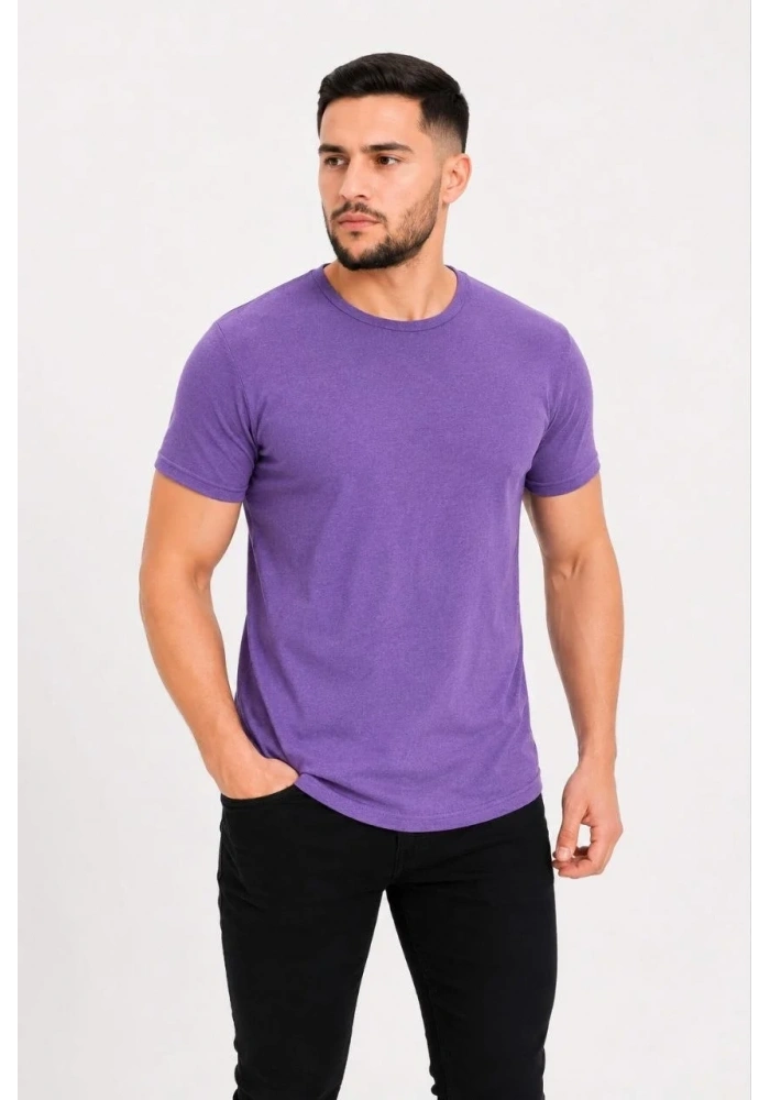 Erkek Basic Tişört Bisiklet Yaka Kısa Kol Günlük Yazlık Slim fit T-Shirt - Mor