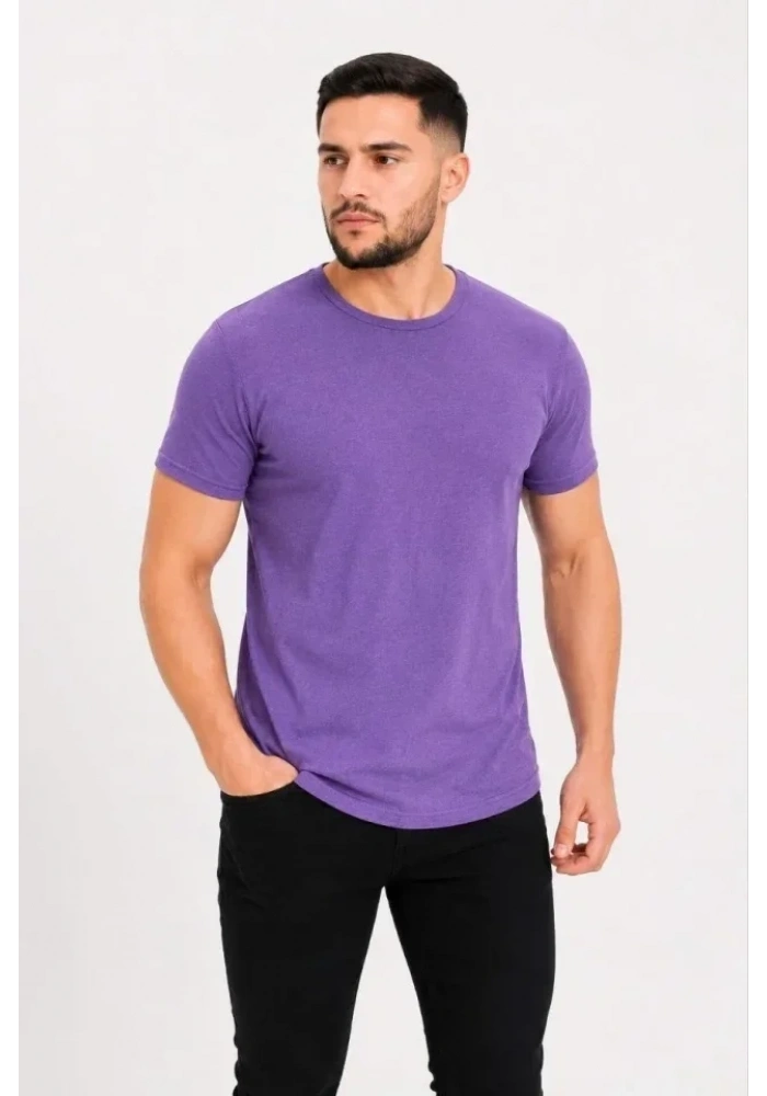 Erkek Basic Tişört Bisiklet Yaka Kısa Kol Günlük Yazlık Slim Fit T-Shirt - Mor