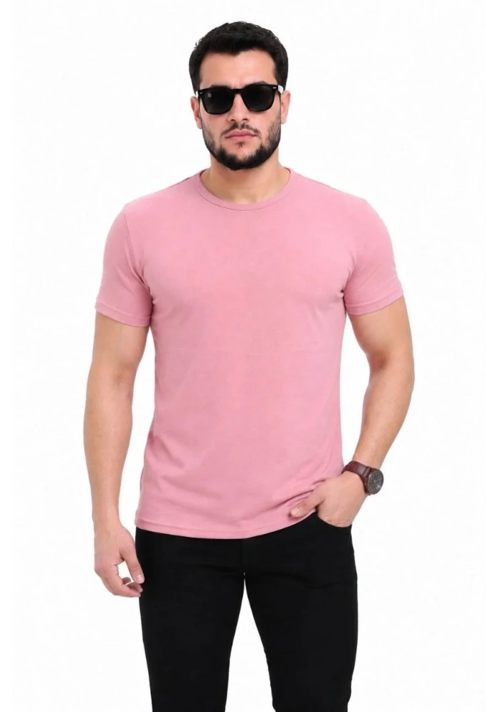 Erkek Basic Tişört Bisiklet Yaka Kısa Kol Günlük Yazlık Slim fit T-Shirt - Pembe