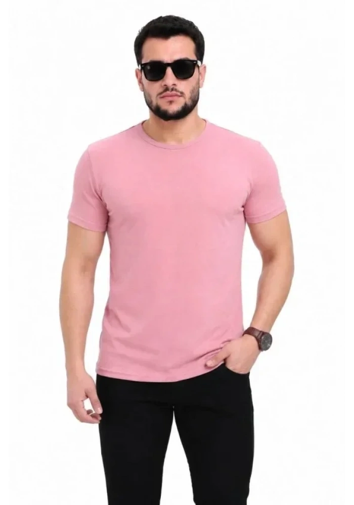 Erkek Basic Tişört Bisiklet Yaka Kısa Kol Günlük Yazlık Slim Fit T-Shirt - Pembe