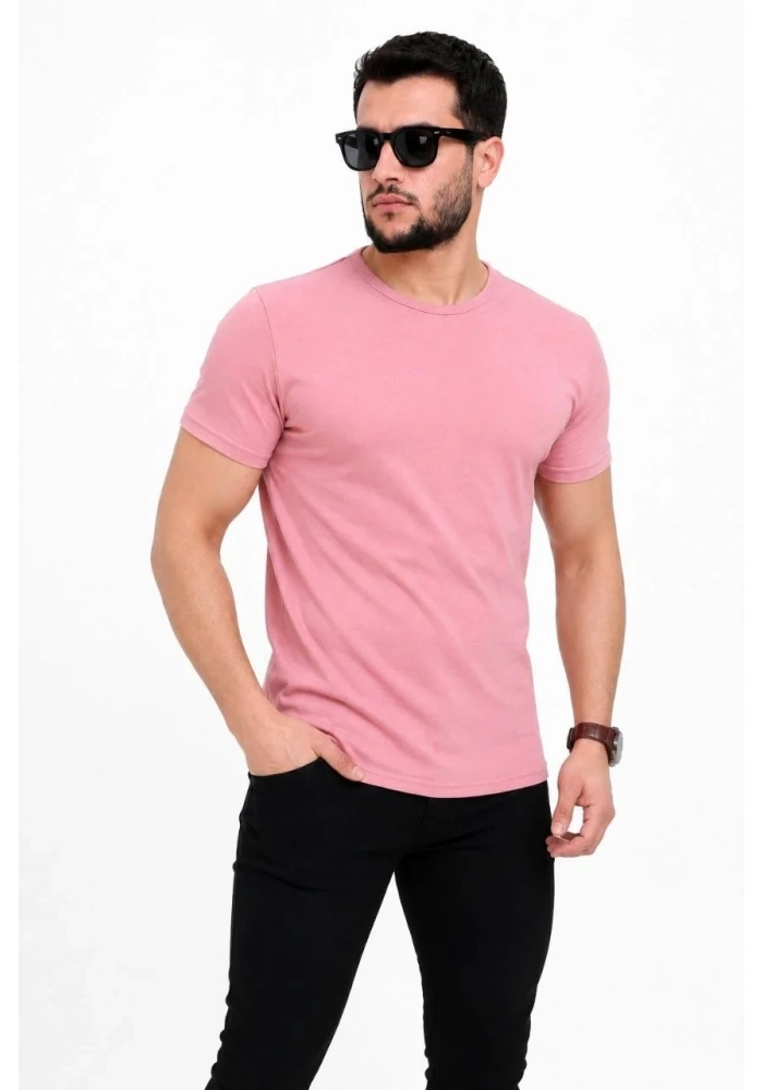 Erkek Basic Tişört Bisiklet Yaka Kısa Kol Günlük Yazlık Slim fit T-Shirt - Pembe