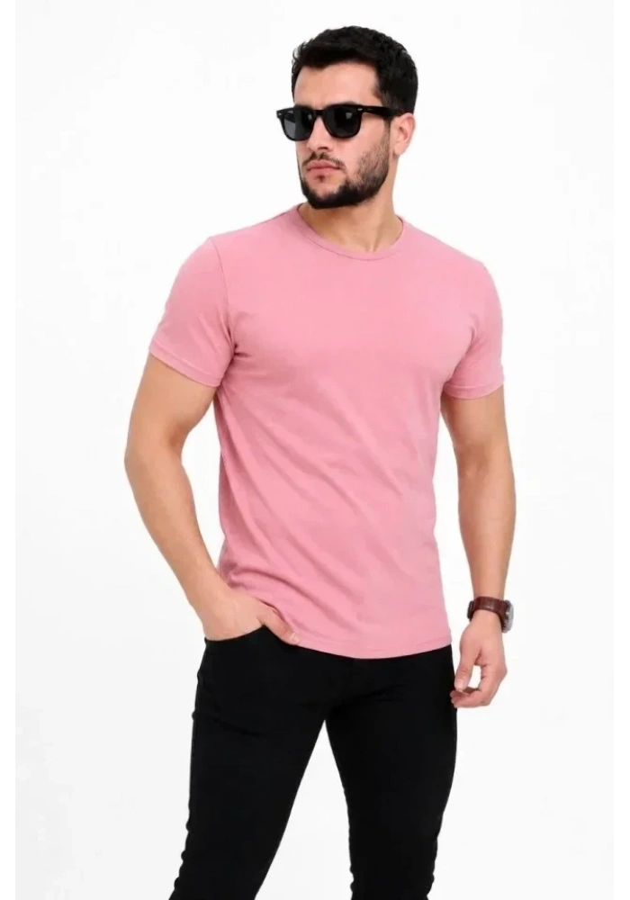 Erkek Basic Tişört Bisiklet Yaka Kısa Kol Günlük Yazlık Slim Fit T-Shirt - Pembe