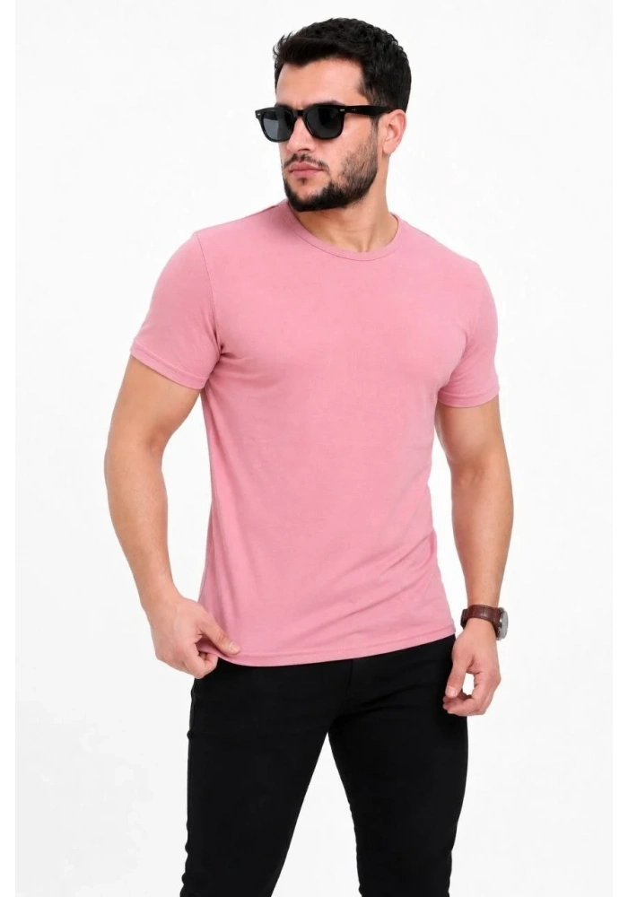 Erkek Basic Tişört Bisiklet Yaka Kısa Kol Günlük Yazlık Slim fit T-Shirt - Pembe