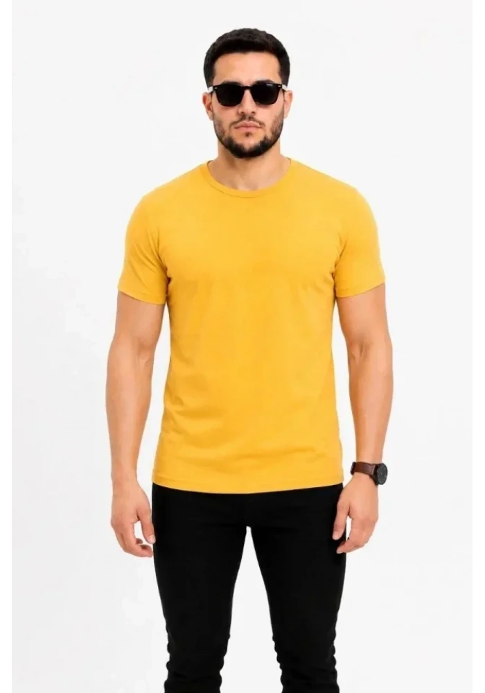 Erkek Basic Tişört Bisiklet Yaka Kısa Kol Günlük Yazlık Slim Fit T-Shirt - Sarı