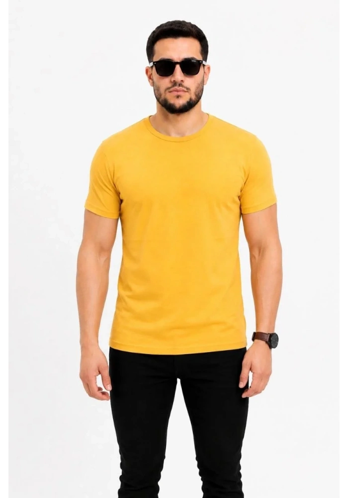Erkek Basic Tişört Bisiklet Yaka Kısa Kol Günlük Yazlık Slim fit T-Shirt - Sarı