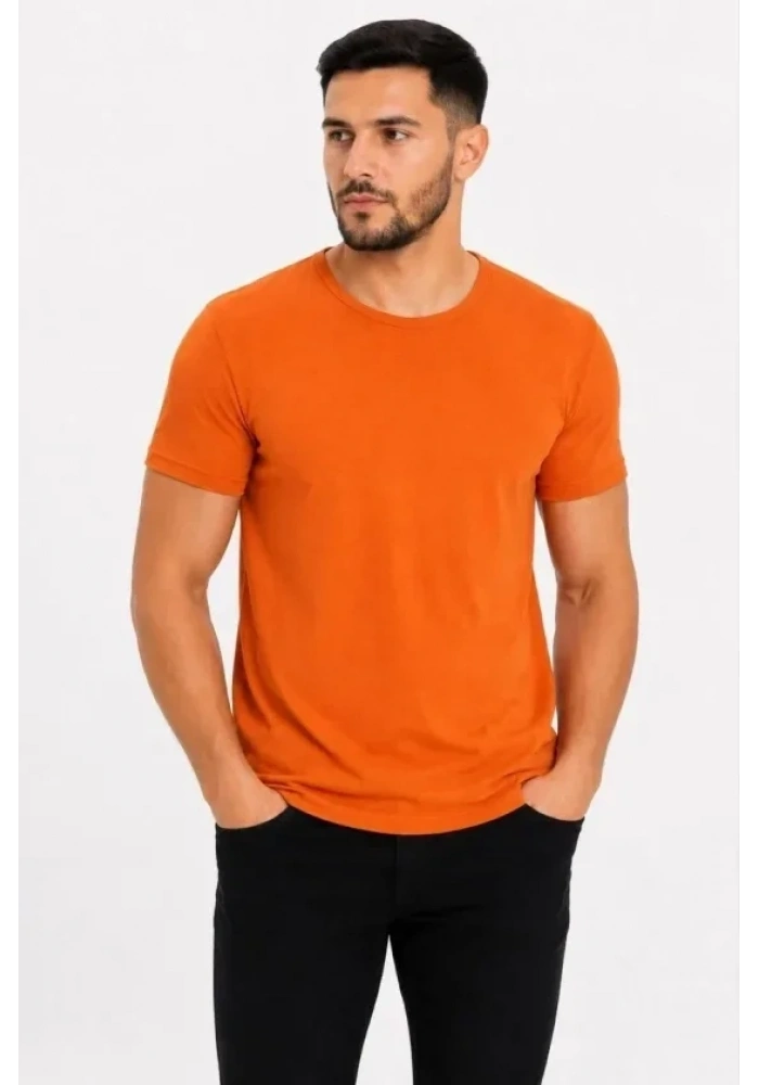 Erkek Basic Tişört Bisiklet Yaka Kısa Kol Günlük Yazlık Slim Fit T-Shirt - Turuncu