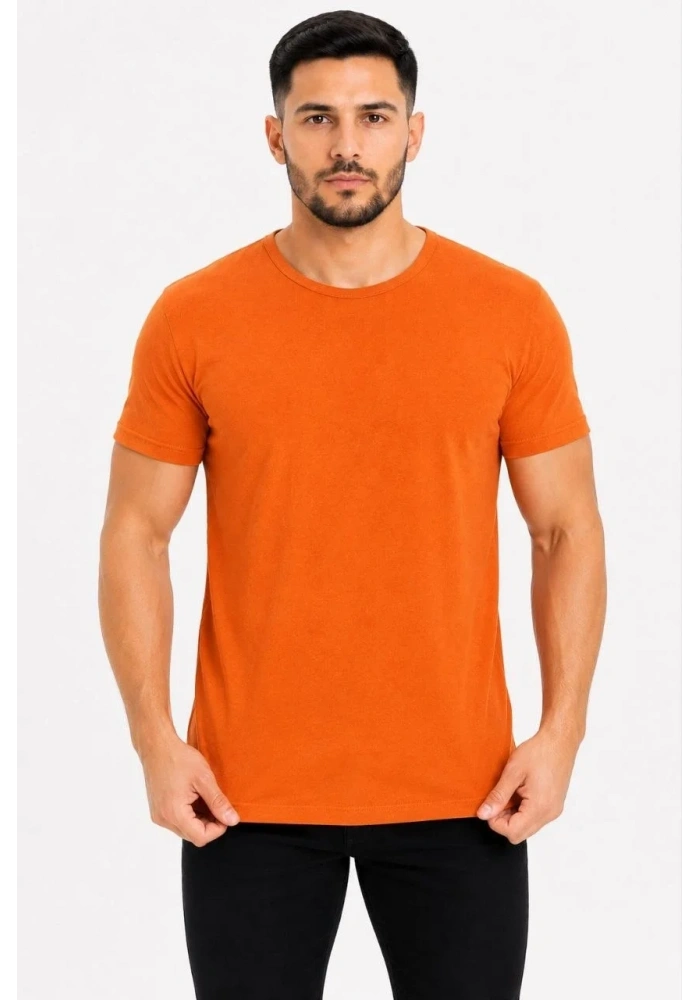 Erkek Basic Tişört Bisiklet Yaka Kısa Kol Günlük Yazlık Slim fit T-Shirt - Turuncu