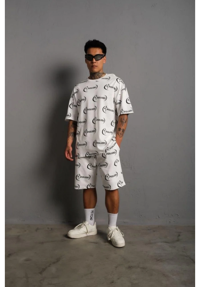 Erkek Baskılı İkili Şortlu Takım - Beyaz