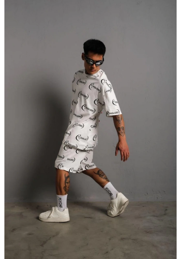 Erkek Baskılı İkili Şortlu Takım - Beyaz