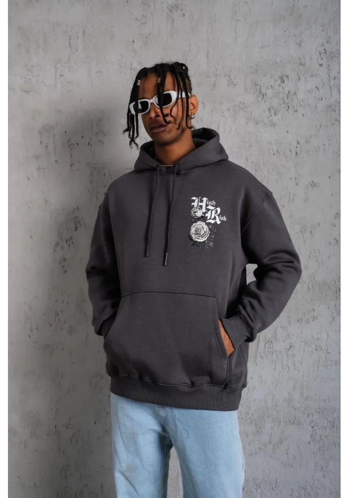 Erkek Baskılı Kapşonlu Sweat - Füme