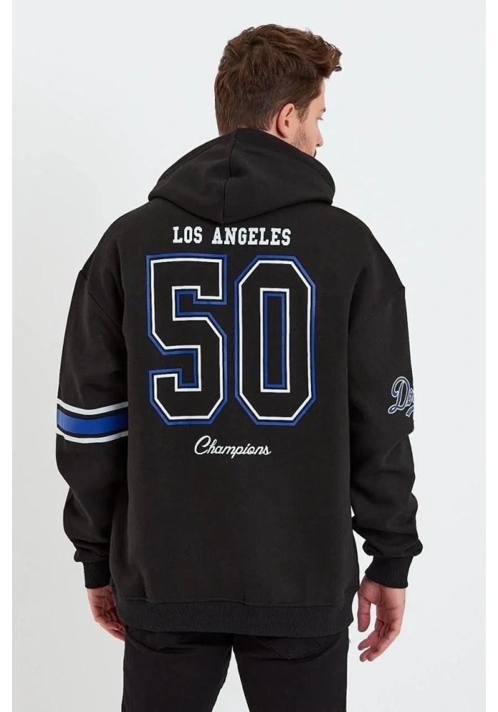 Erkek 3 İplik Pamuklu Kapüşonlu Baskılı Cepli Oversize Sweatshirt Hoodie - Siyah