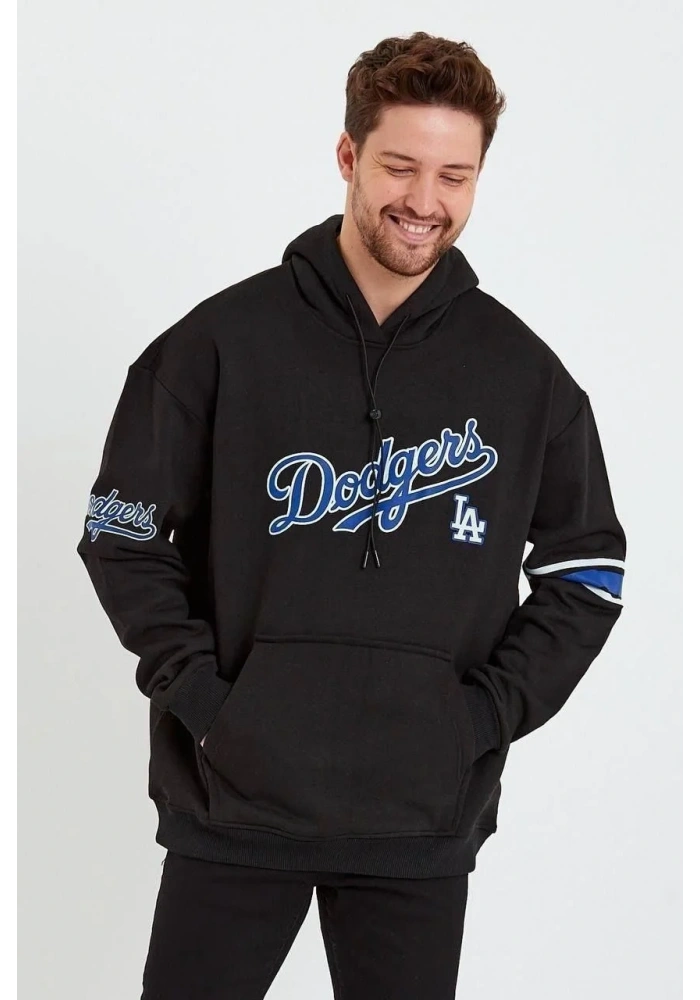 Erkek 3 İplik Pamuklu Kapüşonlu Baskılı Cepli Oversize Sweatshirt Hoodie - Siyah