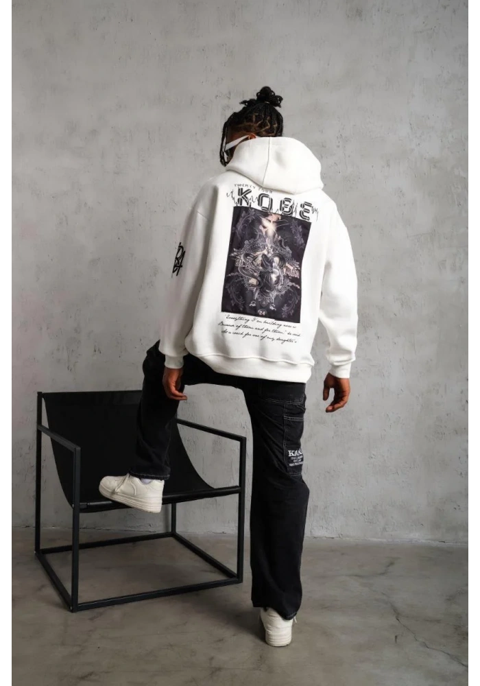 Erkek Baskılı Kapüşonlu Sweat - Beyaz