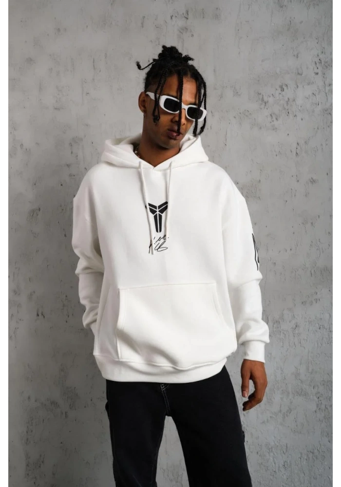 Erkek Baskılı Kapüşonlu Sweat - Beyaz