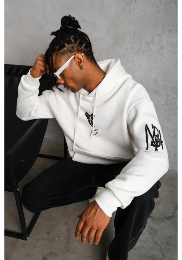 Erkek Baskılı Kapüşonlu Sweat - Beyaz
